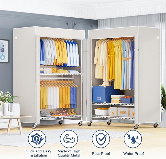 P8C Pro Heavy Duty Clothes Rack（With Extended Width Design） Rolling Clothing Racks for Hanging Clothes with Lockable Wheels，42" W x 15.8" D x 80.5" H，Load 700LBS，White Rack with White Cover