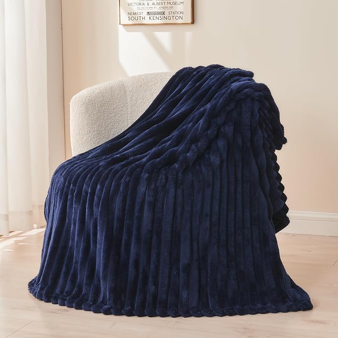 NEWCOSPLAY Fleece Ribbed Cozy Queen Blanket for Couch, Dark Navy, 90"x90" | Premium Silky Flannel Blanket, Soft Lightweight Fluffy Throw Blanket for Bed Sofa Decor, Gift for All Season Use