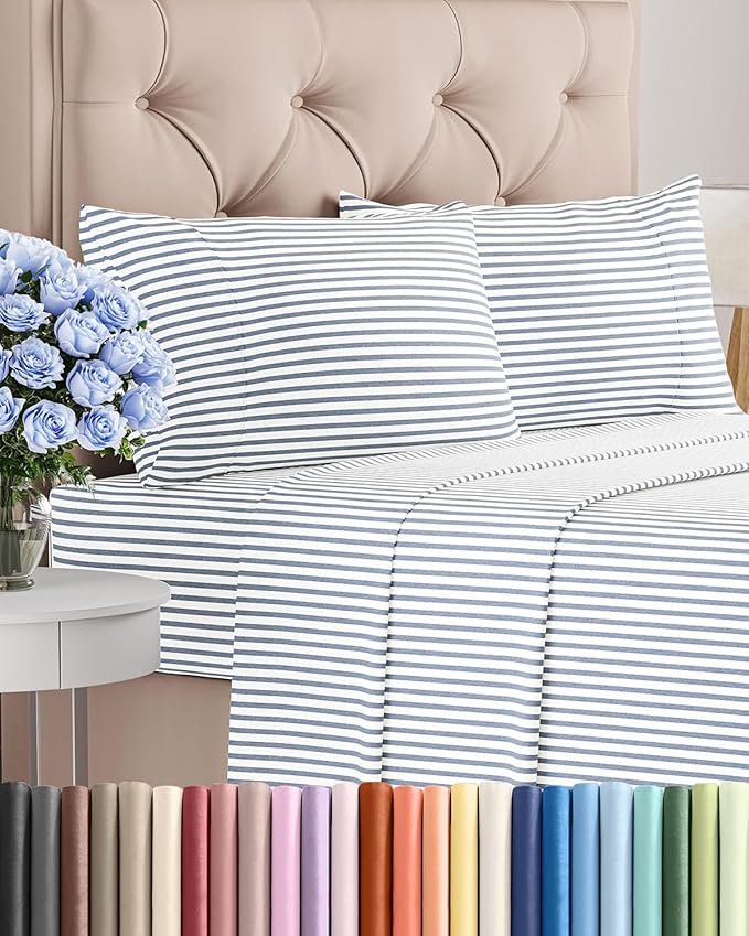 Queen Size 4 Piece Sheet Set - Breathable & Cooling Sheets - Blue Stripes | Hotel Luxury Bed Sheets for Women & Men, Deep Pockets, Easy-Fit, Extra Soft and Wrinkle Free Sheets, Oeko-Tex Bed Sheet Set