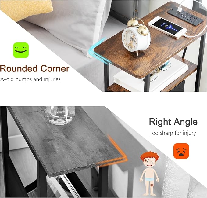 LOAKEKEL Narrow End Table with Charging Station, Small Nightstand | Skinny Side Tables Living Room with 2 Fabric Drawers, Slim Bedside Table for Bedroom, Small Spaces, Couch, Brown