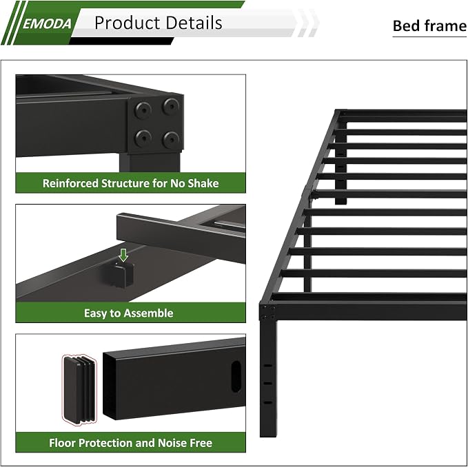 EMODA 18 Inch Twin XL Bed Frames Heavy Duty with Tall Storage Space | XL Twin Metal Platform Bed Frame No Box Spring Needed Noise Free, Easy Assembly, Black