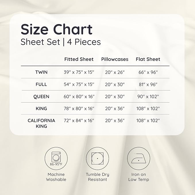Bambaw 100% Viscose Derived from Bamboo Sheets King Size Set – 4pcs King Size Cooling Sheets for Hot Sleepers & Night Sweats, Ultra Soft Bedding Set, Fits Up to 16'' Deep Pocket (Ivory)