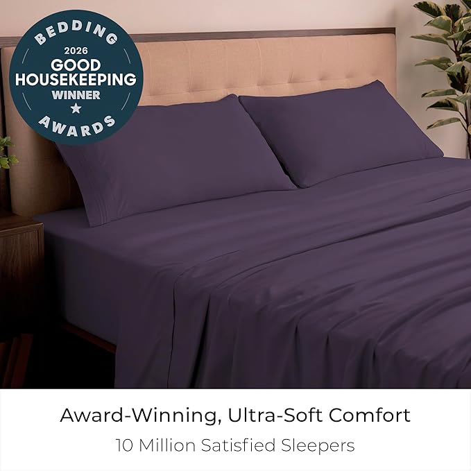 Mellanni Iconic 4-Piece, Ultra Soft Sheet Set (King, Purple) | 10M+ Sleepers. Lab-tested: Sleeps Cool, Stays Bright, Strong, Smooth. Good Housekeeping Best Bedding, 7 yrs running.