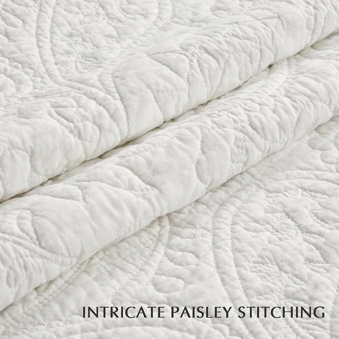 EVERGRACEHOME 100% Cotton Paisley Quilt Set, King Size, Bright White | Prewashed for Softness, Year-Round Breathability, Gift-Ready Box, Matelasse-style Quilted Coverlet, 3 Piece Set with 2 Shams