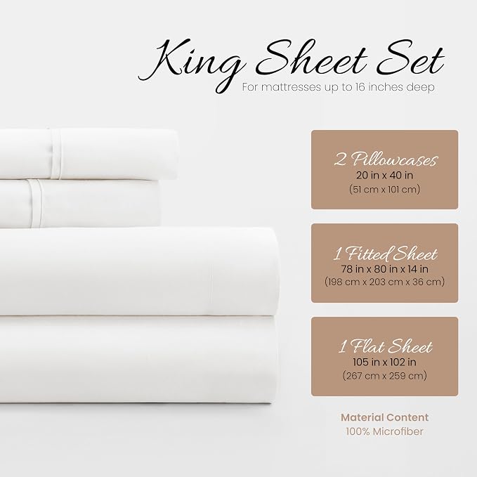 Linen Market Brushed Microfiber King Sheet Set 4 Piece – Oeko-TEX Certified Ultra Soft & Wrinkle-Free - 16" Deep Pocket Sheets - Easy Care King Size - White