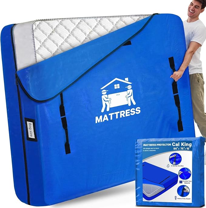 Mattress Bags for Moving, BETU Mattress Protector Waterproof Mattress Cover Cal King Size Storage Bags with 8 Heavy-Duty Handles and Zipper for Bed Extra Thick Large Reusable (86"x75"x15" Blue)