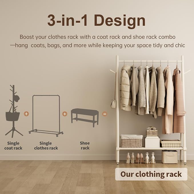 Muwuele Solid Wood Clothes Rack, Clothing Rack for Hanging Clothes, Hanging Racks for Clothes with Shelves Load 350 Lbs Garment Rack (White)