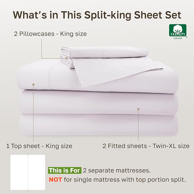 California Design Den 100% Cotton Sateen Split King Bed Sheet Set, 5 Pcs | 500 TC with Good Housekeeping Seal, Split King Sheets Sets for Adjustable Bed with 2 Separate Twin-XL Mattresses, Pale Orchid