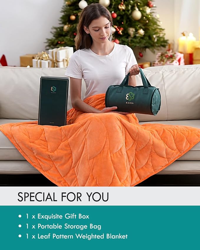 Kaisa Weighted Lap Blanket for Adults, 7lbs 41" x 53", Leaf Pattern, Orange | Washable Weighted Blankets, Small Portable Blanket for Relaxation, Cozy Luxury Crystal Velvet All-Season Heavy Blanket
