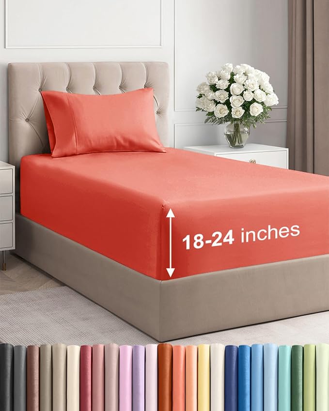 Extra Deep Twin Sheet Set - 3 Piece Breathable & Cooling Bed Sheets - Coral | Easily Fits 18 to 24 inch Mattress - Ultra Soft, Wrinkle & Fade Free with Extra Deep Pockets - Comfy Hotel Luxury Bedding