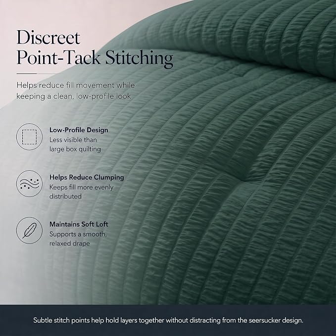 King Comforter Set, 7 Pieces Forest Green Seersucker Bed in a Bag | OEKO-TEX Certified, All Season Bedding Set with 240 GSM Down Alternative Comforter, Flat & Fitted Sheets, Pillowcases & Shams