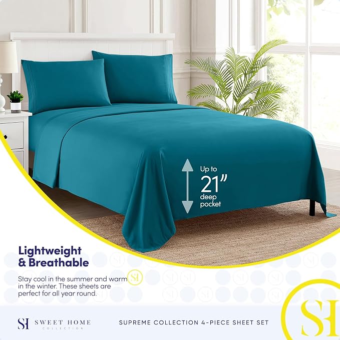 Queen Size Bed Sheets - Breathable Luxury Sheets with Full Elastic & Secure Corner Straps Built In - 1800 Supreme Collection Extra Soft Deep Pocket Bedding, Sheet Set, EXTRA DEEP pocket - Queen, Teal