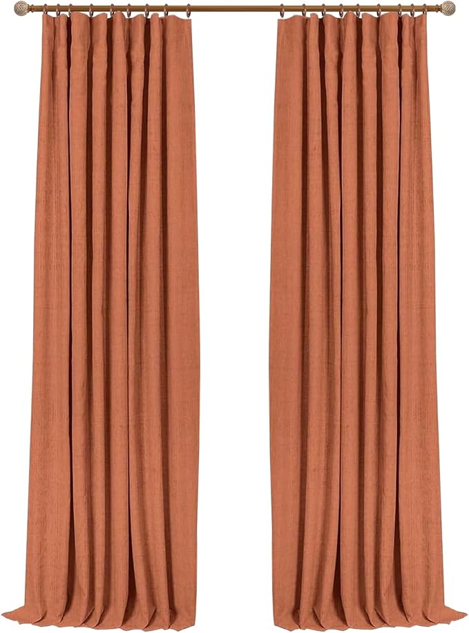INOVADAY 100% Blackout Curtains for Bedroom Black Out Curtains 96 Inch Long | Orange Curtains for Living Room 2 Panels, Clip Rings Linen Look Blackout Drapes, Thermal Insulated Room Darkening,W50xL96