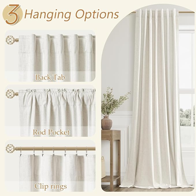 100% Blackout Linen Short Curtains for Bedroom 54 Inches Long Natural Cream Black Out Curtain Back Tab Thermal Insulated Room Darkening Window Drapes for Living Room 2 Panels Beige Ivory 52x54