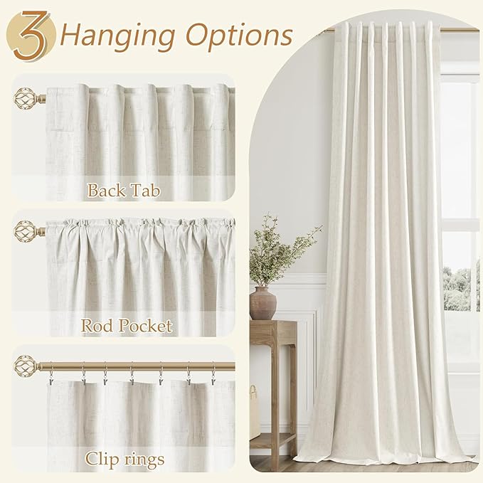 Extra Wide 100% Blackout Linen Curtains for Bedroom 90 Inch Long Natural Cream Black Out Curtain Back Tab Room Darkening Window Drapes for Living Dining Room 1 Panel Beige Ivory 60x90