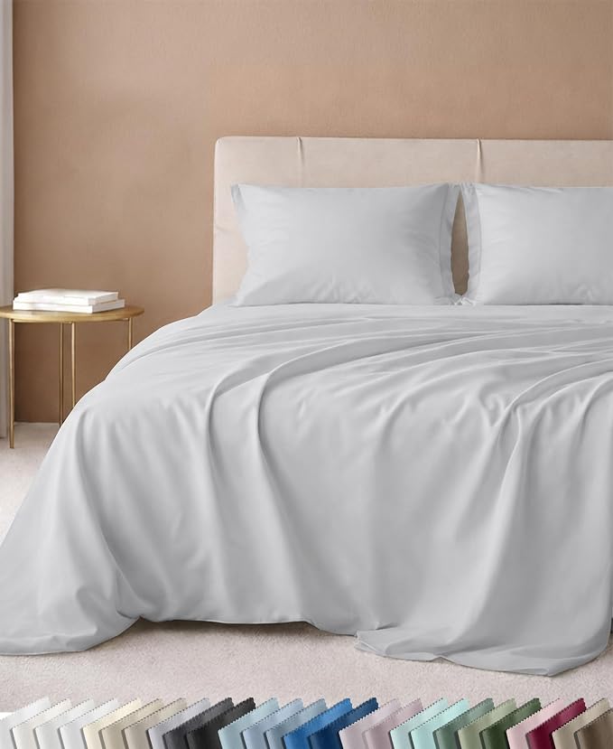 California Design Den 600 Thread Count Cotton Twin Sheets, 3 Pc Set | 100% Cotton Sateen Backed by Good Housekeeping Seal, Soft & Smooth, All-Around Elastic, Durable, Easy Care - Light Silver