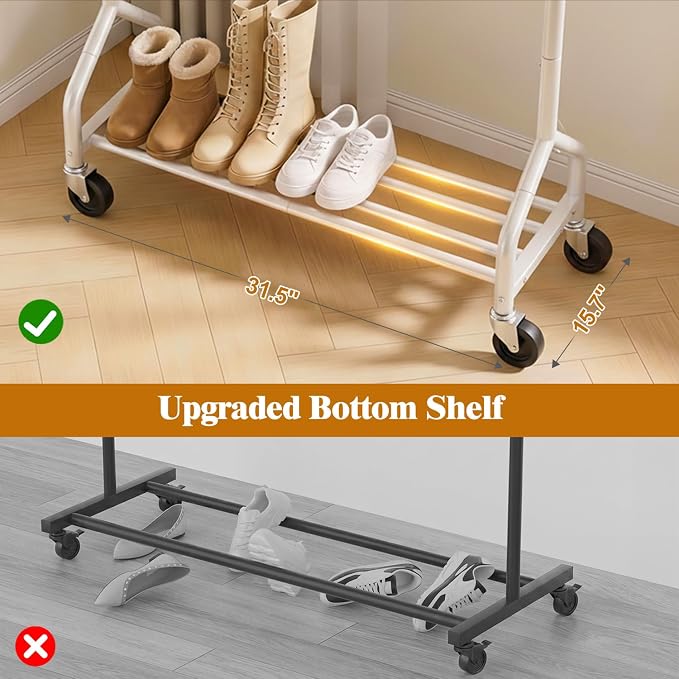 Rolling Clothes Rack with Shelf, Garment Rack Load 210Lbs, White | Sturdy Bottom Shelf, Lockable Wheels, Heavy Duty, Freestanding Rack, for Bedroom, Laundry, Small Spaces