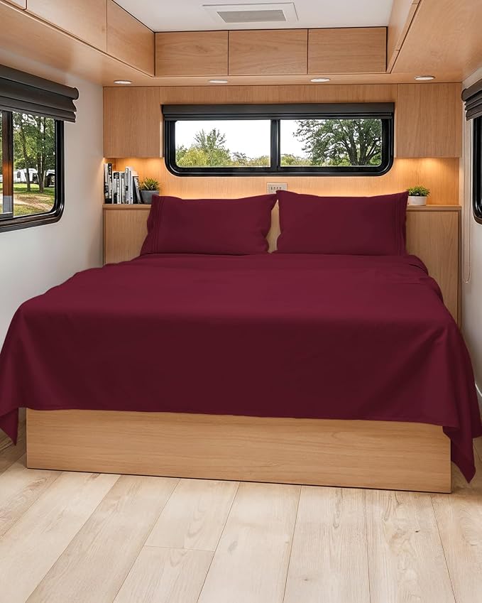 Short Queen Size 4 Piece Bed Sheet Set - RV Short Queen Sheets - Burgundy | Ultra-Soft, Breathable & Cooling Bed Sheets Set with Deep Pockets, Hotel Luxury Bedding for Women & Men, Wrinkle & Fade Free