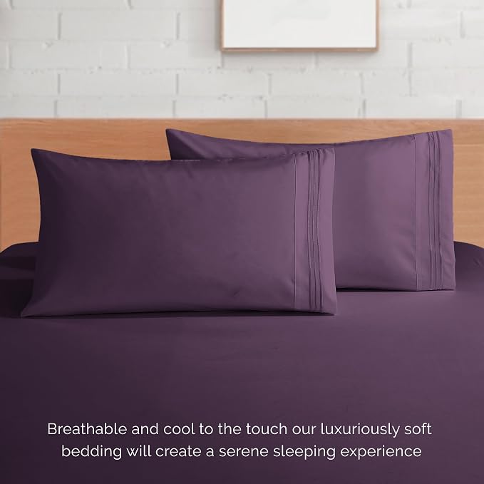 Elegant Comfort Luxurious 1500 Premium Hotel Quality Microfiber 4-Piece Sheet Set, 18-24 Inches Deep - Extra Deep Pocket Sheets - Ultra Soft 4PC Deep Pocket Sheets, Full, Eggplant-Purple