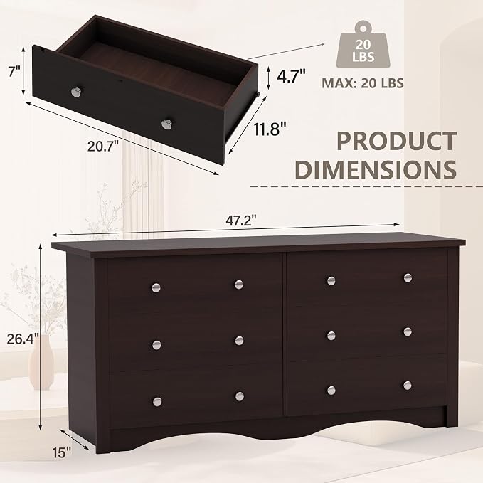 YESHOMY Dresser for Bedroom with 6 Drawer, 47.2" Organizer Drawers | Space Saving, Modern Design, Anti-Tip, TV Stand for Living Room, Hallway, Dark Brown