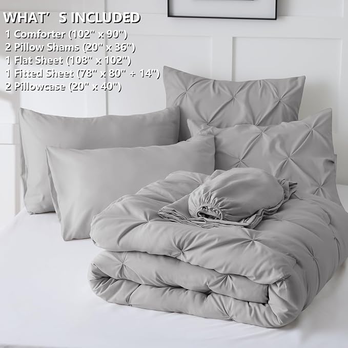 HIMEET King Size Comforter Set Light Grey - 7 Pieces Pintuck Bed in a Bag | OEKO-TEX Certified, 240GSM Down Alternative Comforter, 14" Deep Pocket Fitted Sheet + Flat Sheet + 2 Pillowcases + 2 Shams