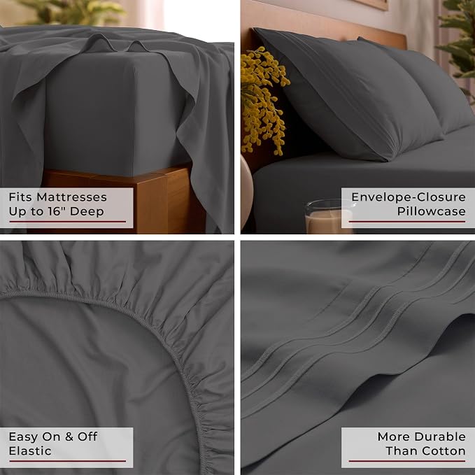 Mellanni Iconic 4-Piece, Ultra Soft Sheet Set (Full, Gray) | 10M+ Sleepers. Lab-tested: Sleeps Cool, Stays Bright, Strong, Smooth. Good Housekeeping Best Bedding, 7 yrs running.