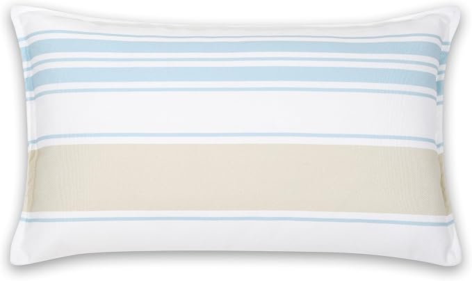 Hofdeco Premium Coastal Patio Indoor Outdoor Lumbar Pillow Cover Only, 12"x20" Water Repellent for Backyard, Couch, Baby Blue Neutral Tan Stripes