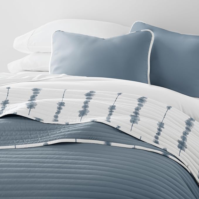 Merit Linens Soft Quilt Coverlet Bedding Set - Pattern/Solid Reversible - Full/Queen Navy