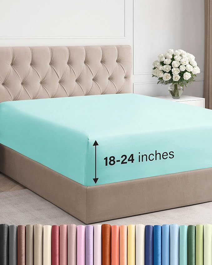 Extra Deep Full Fitted Sheet - Single Fitted Sheet Only - Spa Blue | Easily Fits 18 inch to 24 inch Mattress, Soft, Wrinkle Free, Breathable & Comfy, Extra Deep Pockets Hotel Luxury Fitted Sheet