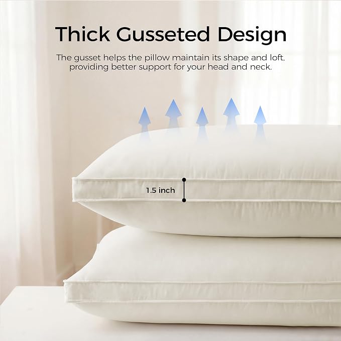 puredown® Gusseted Goose Feather Down Pillows, 100% Organic Cotton Cover, Luxury Hotel Collection Bed Pillows for Sleeping Set of 2, Queen Size