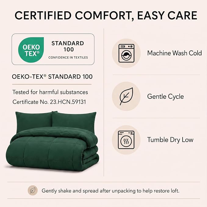 Full Size Comforter Sets Emerald Green - 7 Pieces Bed in a Bag | OEKO-TEX Certified, All-Season, Bedroom, Guest Room, Down-Alternative Comforter + Flat & Fitted Sheets + 4 Pillowcases