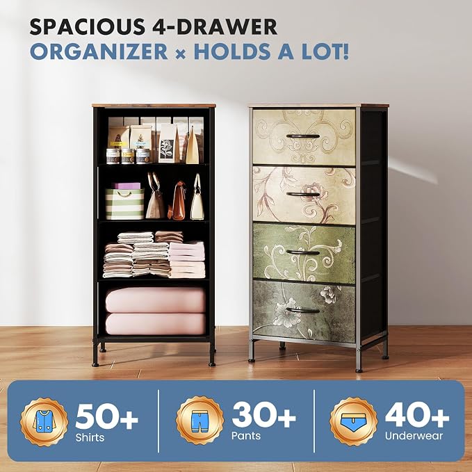 DUMOS Nightstand, Bedside Table with 4 Fabric Drawers | Night Stand with Removable Bins, Steel Frame Wood Top, Small Dresser for Bedroom Closet, Storage Tower, Floral Painted