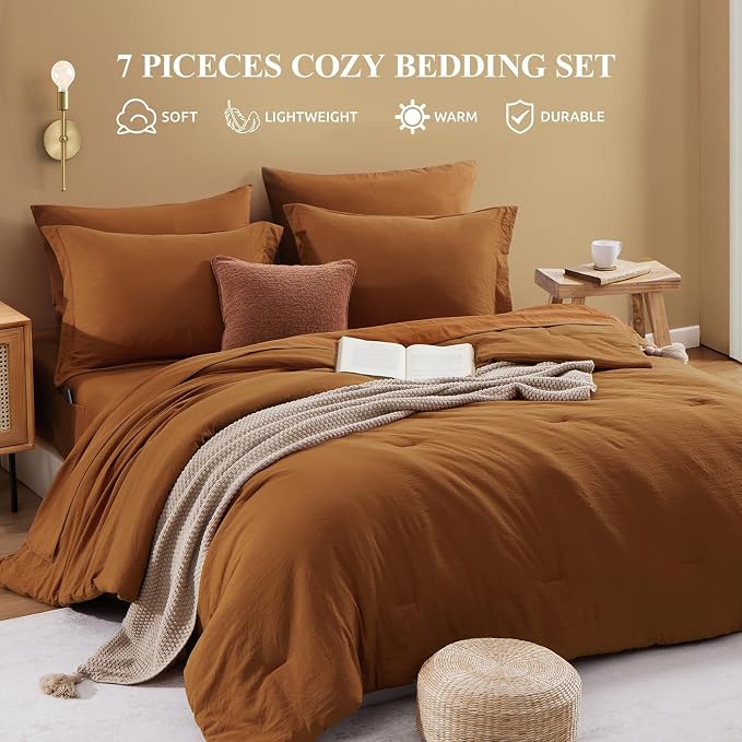 King Size Comforter Set- 7 Pieces Prewashed Bed in a Bag King Bedding Sets | Soft All Season Comforter with Sheets, Pillow Shams & Pillowcases,Terracotta