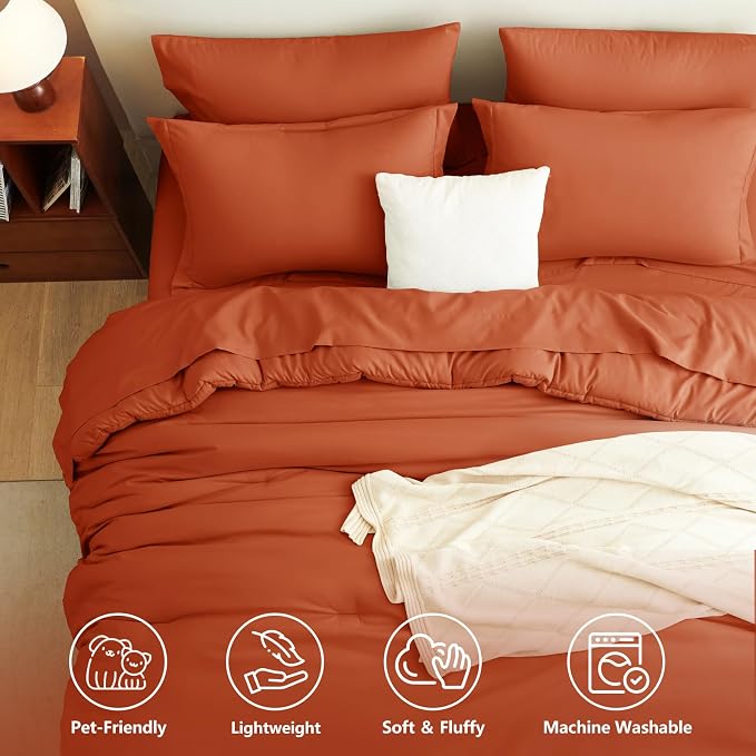 King Size Comforter Set Terracotta, 7 Pieces Bed in a Bag | OEKO-TEX Certified, All-Season, Bedroom, 240GSM Down Alternative Comforter, Flat & Fitted Sheets, 2 Pillowcases & 2 Shams
