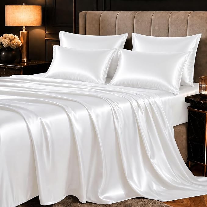 CozyLux Satin Sheets Queen, 6-Piece 14-Inch Deep Pocket Sheet Set | OEKO-TEX Certified Silky Soft Sheet Set for Hair & Skin, Luxurious Silky-Smooth Satin for Elegant Bedroom Decor, White