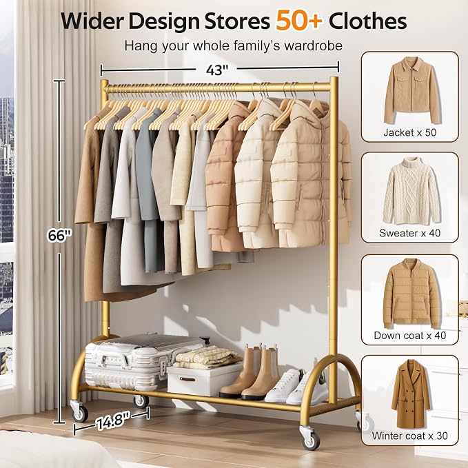 MISSLO Heavy Duty Clothing Rack with Wheels Rolling Clothes Racks for Hanging Clothes, Coats, Garment, Dress, Gold