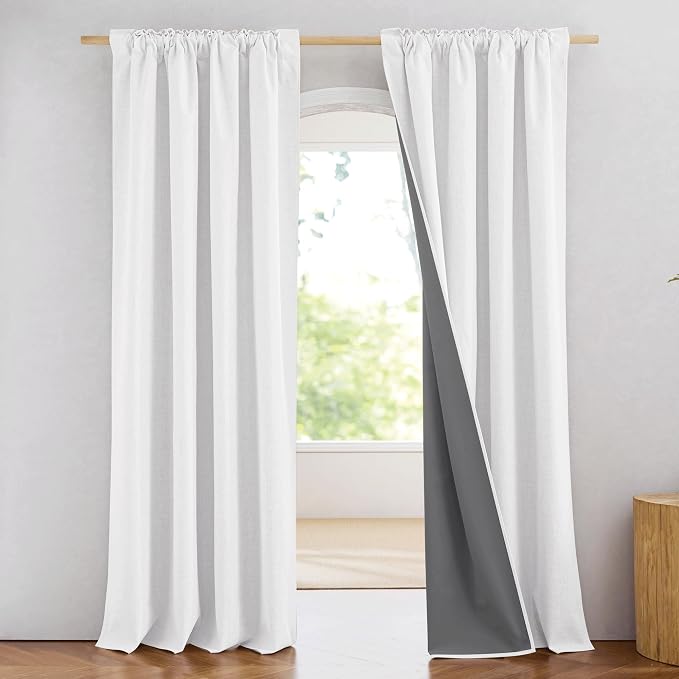 NICETOWN 100% Blackout Linen Curtains 84 inch Long 2 Panels, Greyish White | Luxurious Living Room Curtains Thermal Insulated, Noise Reducing, Privacy Daytime Sleep Drapes, W52" x L84" per Panel