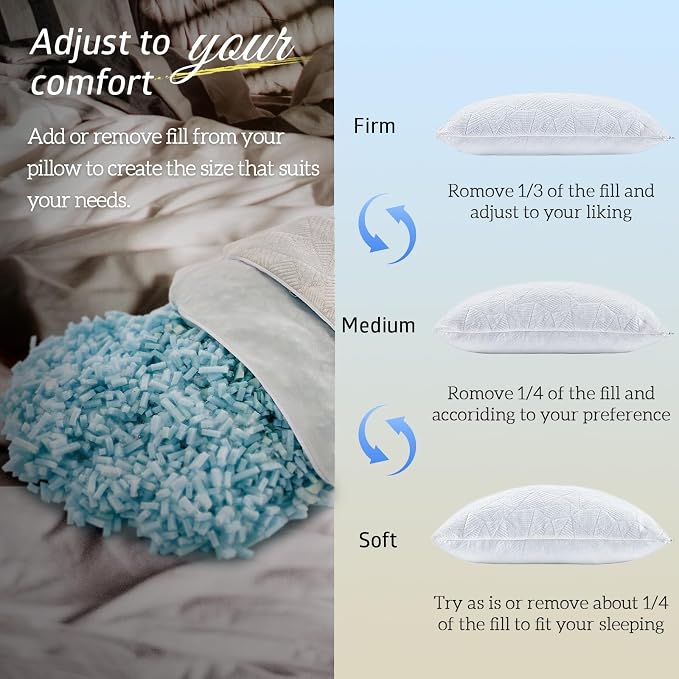BETU Cooling King Size Pillows Set of 4, Shredded Memory Foam Bed Pillows for Sleeping, Adjustable Firm Cool Pillow for Neck Pain and Side Sleeper, White