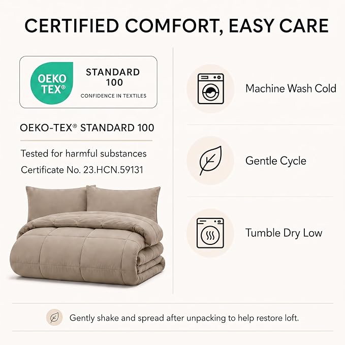 Queen Comforter Set Khaki - 7 Pieces Bed in a Bag | OEKO-TEX Certified, All-Season, Bedroom, Guest Room, Down-Alternative Comforter + Flat & Fitted Sheets + 4 Pillowcases