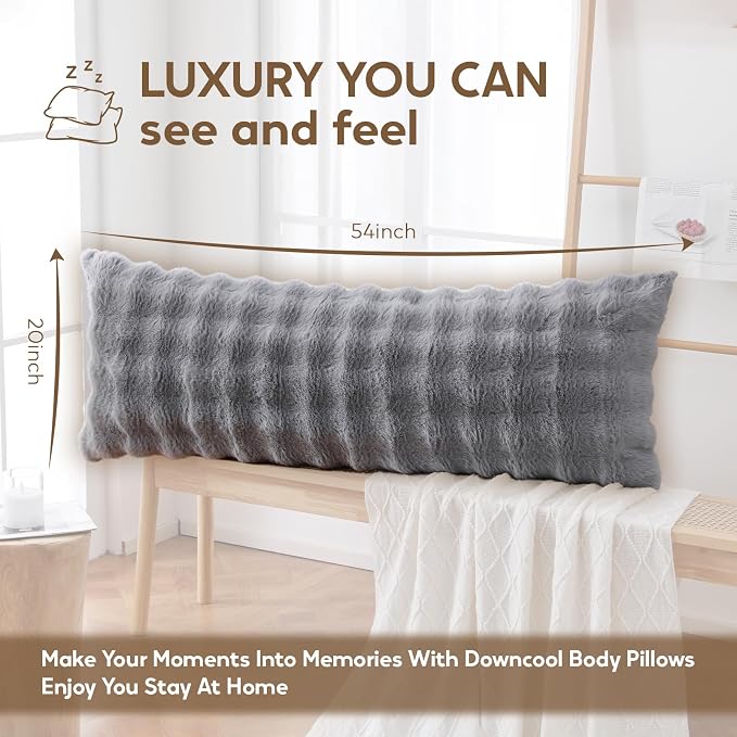 DOWNCOOL Premium Large Body Pillow Insert with Faux Rabbit Fur Cover - Large Full Body Pillows for Adults - Soft Long Bed Pillows for Side Sleepers - 20x54 inch (Grey, with Cover)