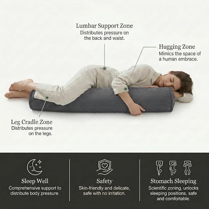 Corduroy Long Body Pillow for Adults, Cozy Cylinder Bolster Pillow for Side Sleepers, Soft Support Hugging Pillow for Bed, Sofa, Sleeping & Lounging, 47 x 7.87 Inches, Dark Grey