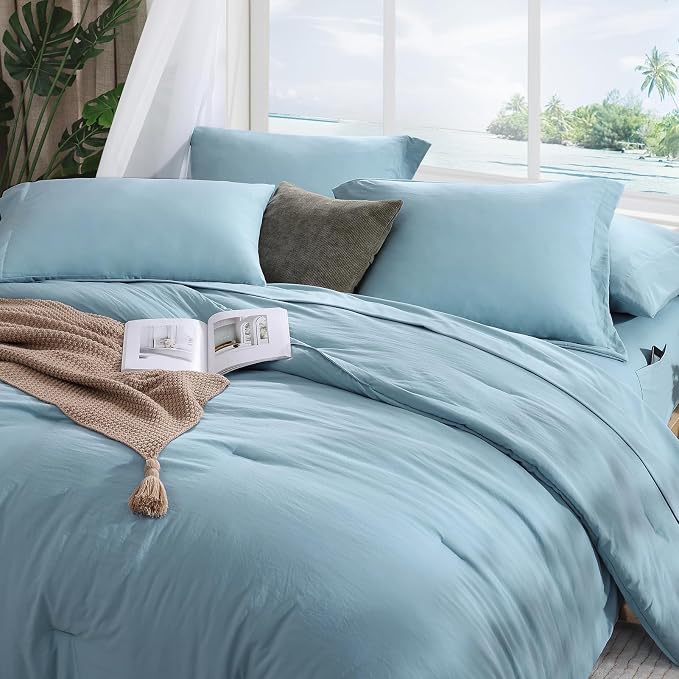 Queen Comforter Set-7 Pieces Soft Prewashed Bed in a Bag Queen Bedding Sets | All Season Comforter with Sheets, Pillow Shams & Pillowcases, Sky Blue