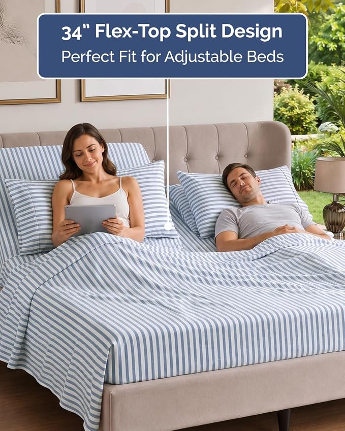 Flex Top Split Head King 6 Piece Sheet Set - Soft & Cooling - Blue Stripes | Ultra Soft Hotel Luxury Bedding Set w/ 8-16 Inch Deep Pockets, 1 Flat & 1 Split-Head Fitted Sheet & 4 Pillowcases, Fade Free