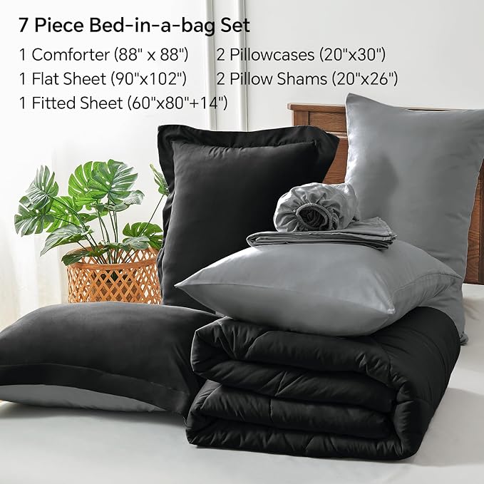 BEDELITE Queen Comforter Set 7 Pieces, Reversible Black Bed in A Bag | Soft All Season Down-Alternative Comforter, Sheets, Pillowcases & Shams, OEKO-TEX Certified Bedding for Bedrrom, Guest Room