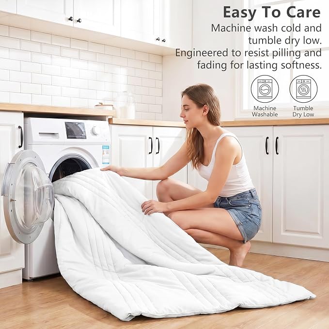 Queen Comforter Set White - 7 Pieces Vertical Quilted Bed in a Bag | OEKO-TEX Certified, 240GSM Down-Alternative Comforter, 14" Deep-Pocket Sheets, Shams & Pillowcases, Lightweight