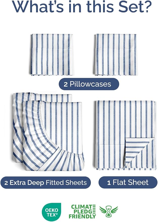 Extra Deep Split King Sheet Set - 5 Piece Breathable Cooling - Blue Stripes | Easily Fits 18 to 24 inch Mattress - Ultra Soft, Wrinkle & Fade Free with Extra Deep Pockets - Comfy Hotel Luxury Bedding