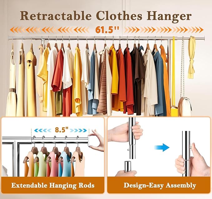 Simple Trending Rolling Clothes Rack, Heavy Duty Garment Rack, Chrome | Metal Clothing Rack, 360° Lockable Wheels, Extendable, Load 500LBS, Bedroom, Laundry Room