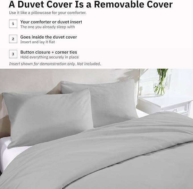 California Design Den Luxury Duvet Cover Set Twin XL, Light Grey | Soft 400 Thread Count 100% Cotton Sateen Backed by GH Seal, Duvet Cover & Pillow Sham 2 Pc Set, Button Closure & Corner Ties