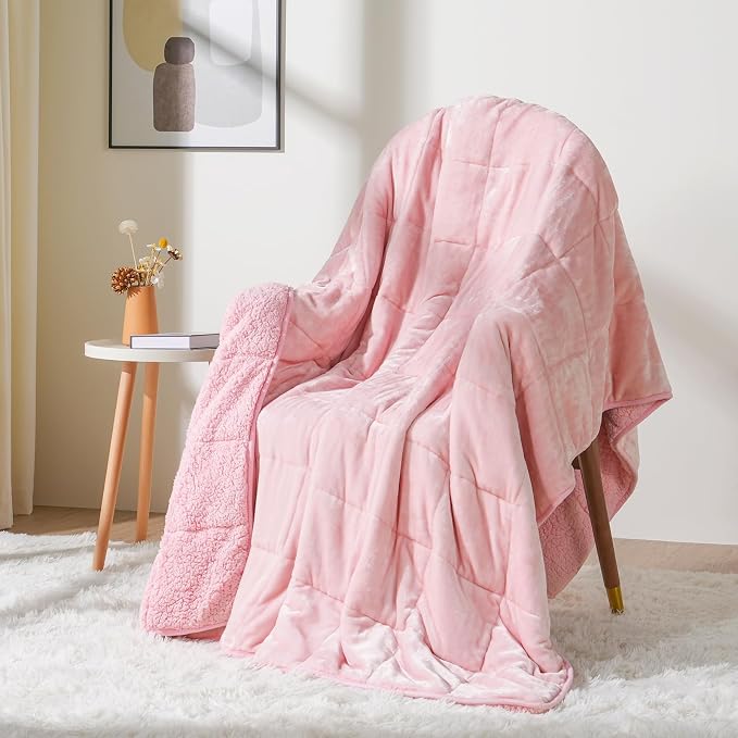 Cottonblue Fleece Weighted Blanket 15lbs for Adults Twin Size 48x72in Soft | Cozy Warm Sherpa Flannel Pink Weighted Blankets Throw for Sleep Calm Relax, Fuzzy Faux Fur Heavy Blanket for Bed Couch Sofa
