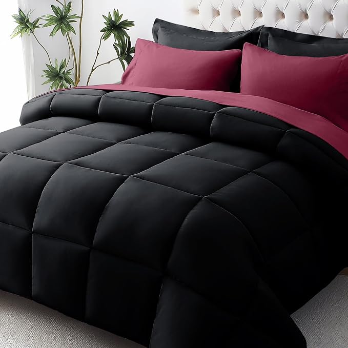 JOLLYVOGUE King Comforter Set, Ultra-Soft Bed in a Bag King Size 7 Pieces, Oeko-TEX Certified Bedding Set with Down Alternative Comforter, Sheets, Pillowcases & Shams, Black & Deep Burgundy